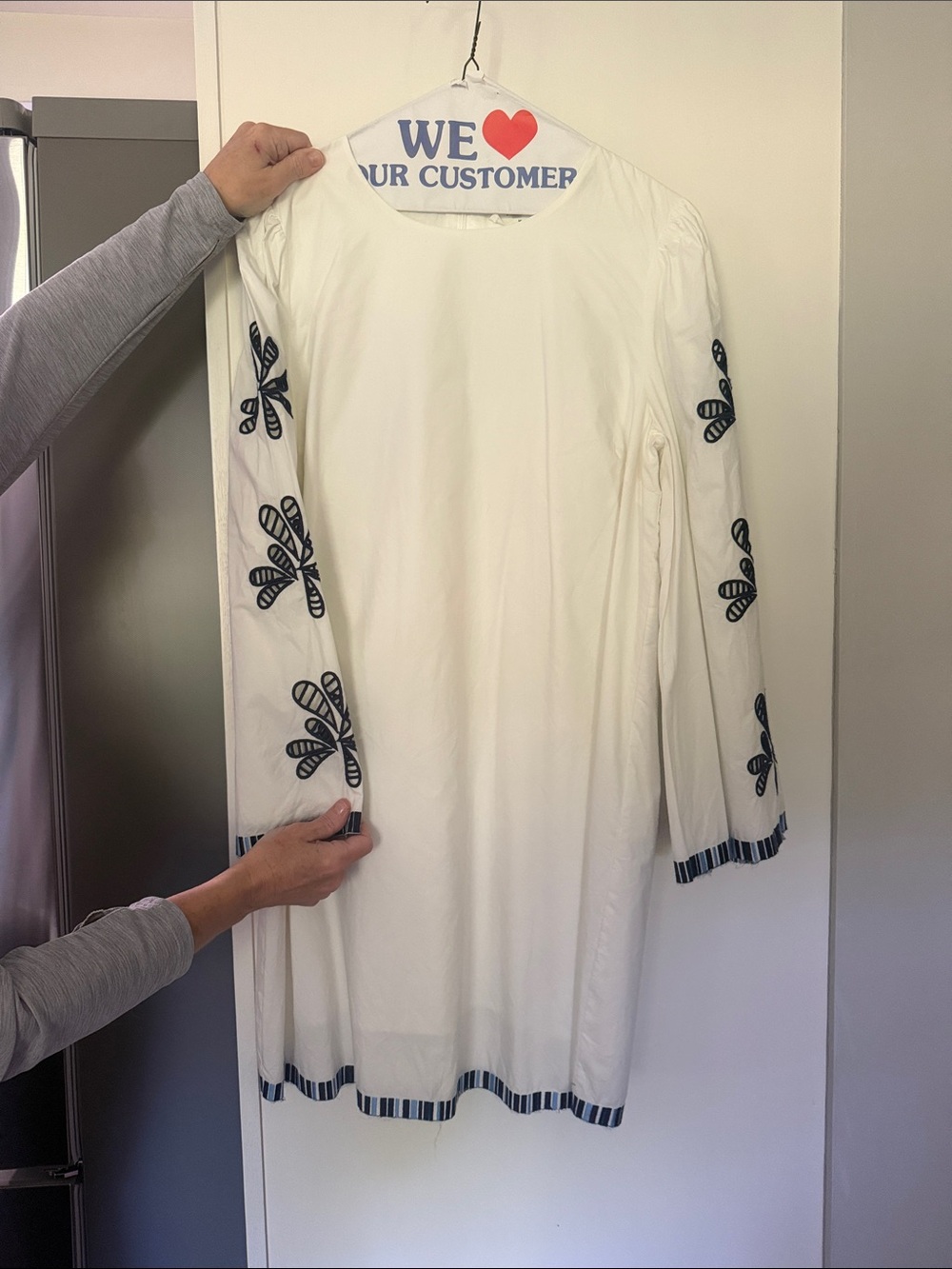 Tuckernuck White Shift Dress with Navy Embroidered Sleeve Motifs